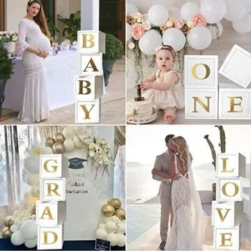 Baby Shower Boxes Party Decorations - 4pcs Stereoscopic White Baby Balloon Boxes with Gold Baby+A-Z Letters,Baby Party Boxes Baby Blocks for Teddy Bear Baby Shower,Boy Girl 1st Birthday Party Backdrop