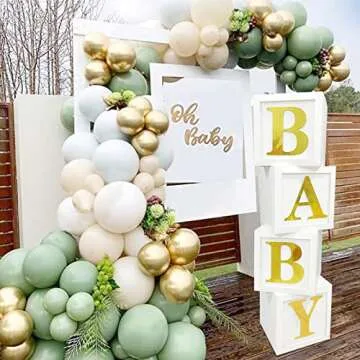 Baby Shower Boxes Party Decorations - 4pcs Stereoscopic White Baby Balloon Boxes with Gold Baby+A-Z Letters,Baby Party Boxes Baby Blocks for Teddy Bear Baby Shower,Boy Girl 1st Birthday Party Backdrop