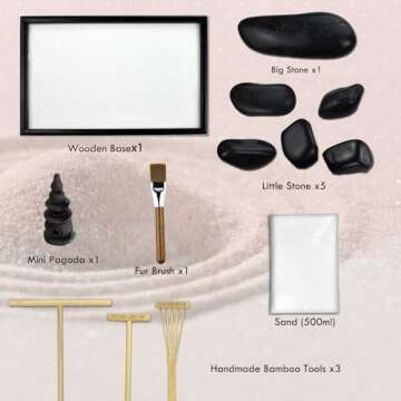 Artcome Japanese Zen Sand Garden for Desk with Rake, Stand, Rocks and Mini Furnishing Articles - Off...