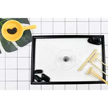 Artcome Japanese Zen Sand Garden for Desk with Rake, Stand, Rocks and Mini Furnishing Articles - Office Table Accessories, Mini Zen Sand Garden Kit - Meditation Gifts