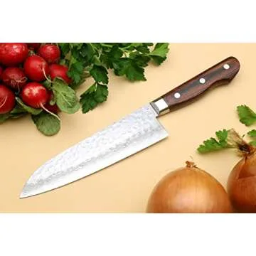 Yoshihiro VG10 16 Layer Hammered Damascus Stainless Steel Santoku Chefs Knife (7'' (180mm))