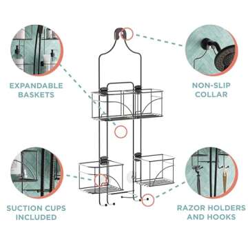 Zenna Home With Baskets That Slide Out to accommodate Hose, Versatile Storage Solution for Your Bath Area. Rust-Resistant Expandable Over-The-Shower Caddy, Bronze