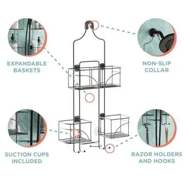 Zenna Home With Baskets That Slide Out to accommodate Hose, Versatile Storage Solution for Your Bath Area. Rust-Resistant Expandable Over-The-Shower Caddy, Bronze