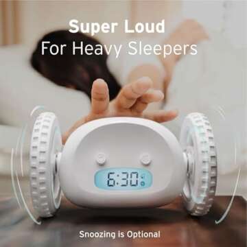 CLOCKY Extra Super Loud Alarm Clock for Heavy Sleepers Adults Kids Teens Bedroom, Move Jump Roll Run Away Easy to Set Smart Digital Alarm Clock on Wheels -Funny Gag Gift (White)