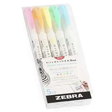 Zebra Mildliner Brush Highlighter Pen - Brush and Marker Nib - Double Ended - Fluorescent Set of 5 in Wallet