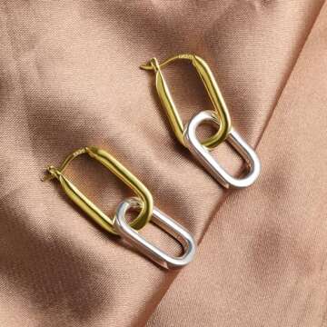 14K Two Tone Gold Silver Hoop Earrings for Women Drop Dangle Paperclip Earrings Convertible Link Chain Earing