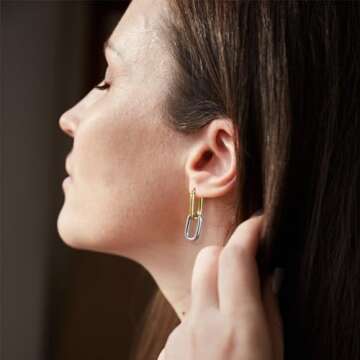 14K Two Tone Gold Silver Hoop Earrings for Women Drop Dangle Paperclip Earrings Convertible Link Chain Earing
