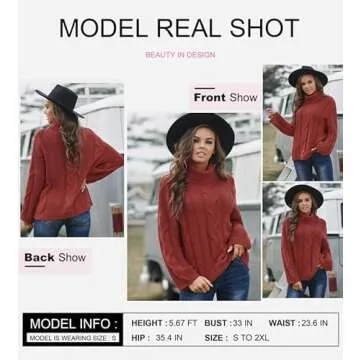 Dokotoo Women Fashion Winter Fall Casual Loose Turtleneck Cowl High Neck Long Sleeve Oversized Cable Knit Long Tunic Pullover Sweaters for Women Outerwear Red Medium