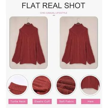 Dokotoo Women Fashion Winter Fall Casual Loose Turtleneck Cowl High Neck Long Sleeve Oversized Cable Knit Long Tunic Pullover Sweaters for Women Outerwear Red Medium