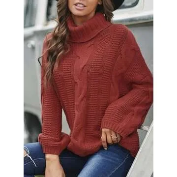 Dokotoo Women Fashion Winter Fall Casual Loose Turtleneck Cowl High Neck Long Sleeve Oversized Cable Knit Long Tunic Pullover Sweaters for Women Outerwear Red Medium
