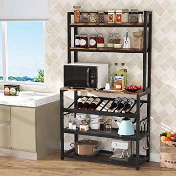TIYASE 6-Tier Kitchen Baker’s Rack with Storage and Wine Rack, Industrial Microwave Cart Kitchen S...