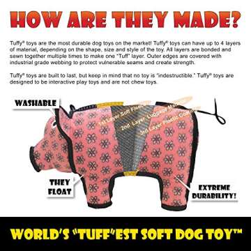 TUFFY - World's Tuffest Soft Dog Toy - Barnyard Pig- Multiple Layers. Made Durable, Strong & Tough. Interactive Play (Tug, Toss & Fetch). Machine Washable & Floats