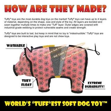 TUFFY - World's Tuffest Soft Dog Toy - Barnyard Pig- Multiple Layers. Made Durable, Strong & Tough. Interactive Play (Tug, Toss & Fetch). Machine Washable & Floats