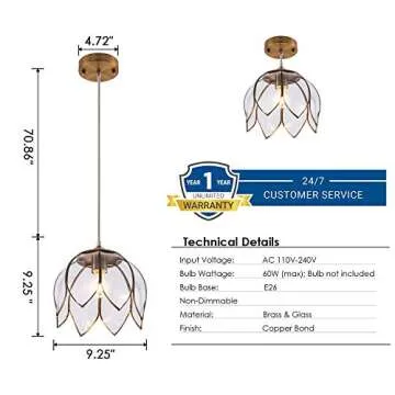 Clear Glass Pendant Lighting, Vintage Oriental Lotus Brass Ceiling Pendant Light Fixture, Modern Flo...