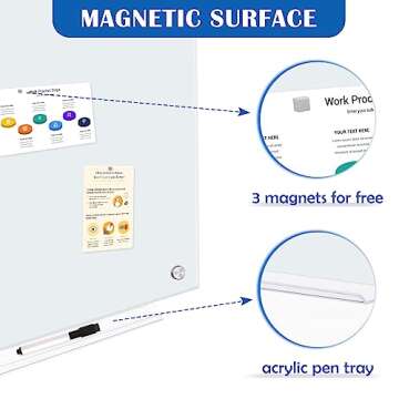QUEENLINK Magnetic Glass Whiteboard, 24" x 18" Glass Dry Erase Board for Wall, Frameless Glass Board...