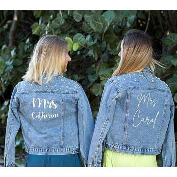 ustom Women's Denim Jacket with Pearls, Wedding Future Wife Jacket, Friend and Couple Gift Jackets, Can Customize Text (S, Blue)…