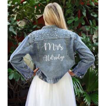 ustom Women's Denim Jacket with Pearls, Wedding Future Wife Jacket, Friend and Couple Gift Jackets, Can Customize Text (S, Blue)…