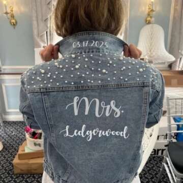 ustom Women's Denim Jacket with Pearls, Wedding Future Wife Jacket, Friend and Couple Gift Jackets, Can Customize Text (S, Blue)…
