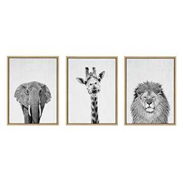 Kate and Laurel Sylvie Elephant, Giraffe and Lion Framed Canvas Wall Art Set by Simon Te of Tai Prin...