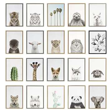 Kate and Laurel Sylvie Elephant, Giraffe and Lion Framed Canvas Wall Art Set by Simon Te of Tai Prints, 3 Piece Set 18x24 Natural, Black and White Safari Animal Wall Décor