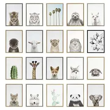 Kate and Laurel Sylvie Elephant, Giraffe and Lion Framed Canvas Wall Art Set by Simon Te of Tai Prints, 3 Piece Set 18x24 Natural, Black and White Safari Animal Wall Décor