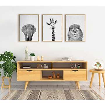 Kate and Laurel Sylvie Elephant, Giraffe and Lion Framed Canvas Wall Art Set by Simon Te of Tai Prints, 3 Piece Set 18x24 Natural, Black and White Safari Animal Wall Décor