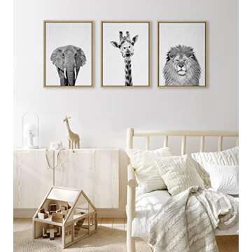 Kate and Laurel Sylvie Elephant, Giraffe and Lion Framed Canvas Wall Art Set by Simon Te of Tai Prints, 3 Piece Set 18x24 Natural, Black and White Safari Animal Wall Décor