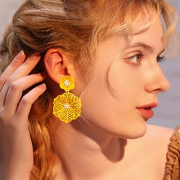 SLSF Unique Bohemian Metal Poppy Flower Dangle Earring Matte Painted Dual Flower Floral Petal Tiered Drop for Women Statement Jewelry Gifts (Yellow 17)