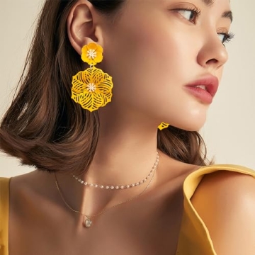 SLSF Unique Bohemian Metal Poppy Flower Dangle Earring Matte Painted Dual Flower Floral Petal Tiered Drop for Women Statement Jewelry Gifts (Yellow 17)