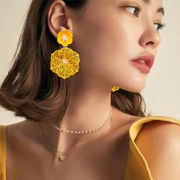 SLSF Unique Bohemian Metal Poppy Flower Dangle Earring Matte Painted Dual Flower Floral Petal Tiered Drop for Women Statement Jewelry Gifts (Yellow 17)