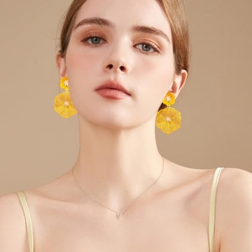 SLSF Unique Bohemian Metal Poppy Flower Dangle Earring Matte Painted Dual Flower Floral Petal Tiered Drop for Women Statement Jewelry Gifts (Yellow 17)