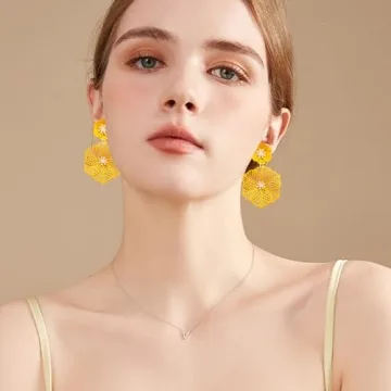 SLSF Unique Bohemian Metal Poppy Flower Dangle Earring Matte Painted Dual Flower Floral Petal Tiered Drop for Women Statement Jewelry Gifts (Yellow 17)