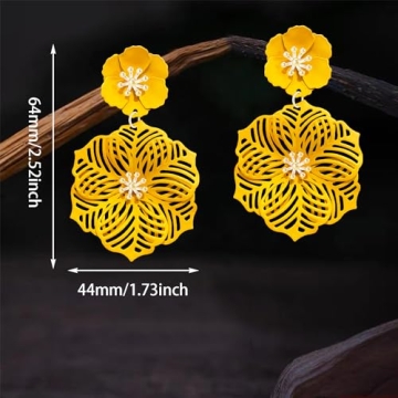 SLSF Unique Bohemian Metal Poppy Flower Dangle Earring Matte Painted Dual Flower Floral Petal Tiered Drop for Women Statement Jewelry Gifts (Yellow 17)