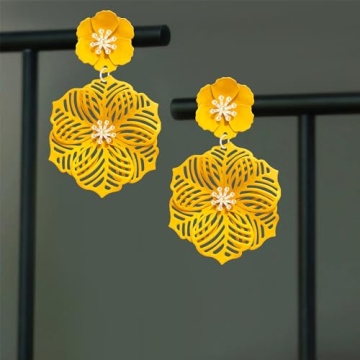 SLSF Unique Bohemian Metal Poppy Flower Dangle Earring Matte Painted Dual Flower Floral Petal Tiered Drop for Women Statement Jewelry Gifts (Yellow 17)