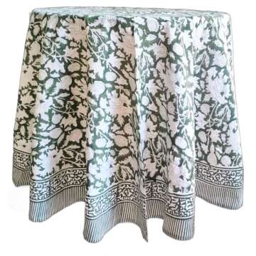 ATOSII Meraki Green 100% Cotton Round Spring Tablecloth, Handblock Print Floral Table Cloth for Kitc...
