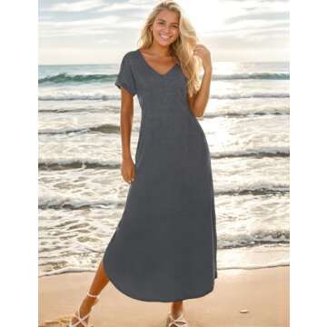 Zilcremo Women Summer Casual Maxi Dress Loose Pockets Short Sleeve Split Boho Dresses Darkgrey M
