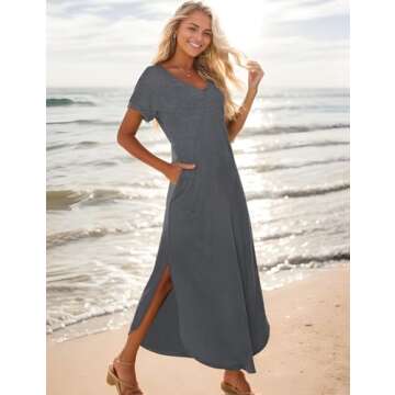 Zilcremo Women Summer Casual Maxi Dress Loose Pockets Short Sleeve Split Boho Dresses Darkgrey M