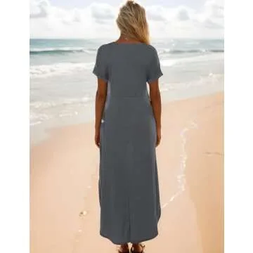 Zilcremo Women Summer Casual Maxi Dress Loose Pockets Short Sleeve Split Boho Dresses Darkgrey M