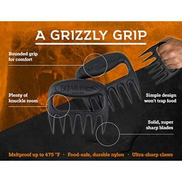 Bear Paws Meat Claws - The Original Meat Shredder Claws, USA Made - Easily Lift, Shred and Serve Meats - Ultra-Sharp, Ideal Meat Claws for Shredding Pulled Pork, Chicken and Beef - 2 Orange, 2 Black…