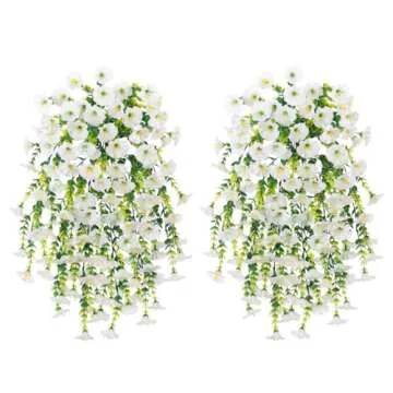 Ivydale 2 PCS Artificial Hanging Flowers Fake Plants Outdoor,Silk Morning Glory Faux Flowers with Eucalyptus Leaves,UV Resistant Realistic Hanging Petunias Plants for Home Garden Decor (Beige)