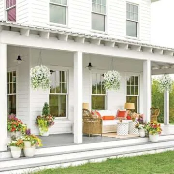 Ivydale 2 PCS Artificial Hanging Flowers Fake Plants Outdoor,Silk Morning Glory Faux Flowers with Eucalyptus Leaves,UV Resistant Realistic Hanging Petunias Plants for Home Garden Decor (Beige)