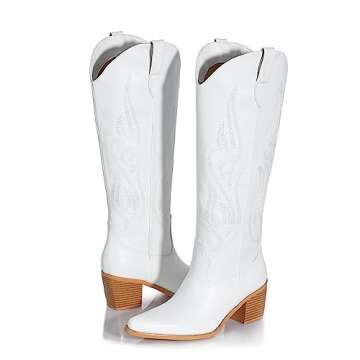 Pasuot White Cowboy Boots for Women - Knee High Wide Calf Cowgirl Boots with Side Zip and Embroidered, Pointed Toe Chunky Heel Retro Classic Tall Western Boot Pull On for Ladies Fall Winter US 8
