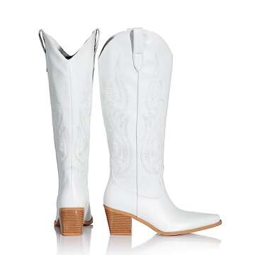 Pasuot White Cowboy Boots for Women - Knee High Wide Calf Cowgirl Boots with Side Zip and Embroidered, Pointed Toe Chunky Heel Retro Classic Tall Western Boot Pull On for Ladies Fall Winter US 8