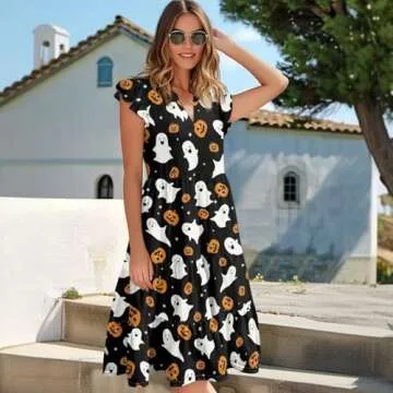 BBEGLECVIL Hallween Dress Women Black Dress Cute Ghost Dress Plus Size Cocktail Dresses Fall Short Sleeve Sun Dress Casual Pumpkin Dress V-Neck Flowy Dress