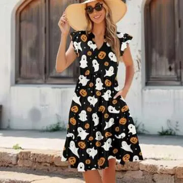 BBEGLECVIL Hallween Dress Women Black Dress Cute Ghost Dress Plus Size Cocktail Dresses Fall Short Sleeve Sun Dress Casual Pumpkin Dress V-Neck Flowy Dress