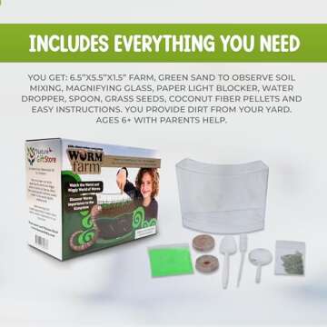 Nature Gift Store - Worm Farm for Kids with Live Worms - Observation Kit with Ecosystem, Soil Mixing Sand, Magnifying Glass & More