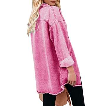 Vetinee Women's Pink Ladies Jacket Oversized Boyfriend Magenta Pink Front Button Up Frayed Raw Hem L...