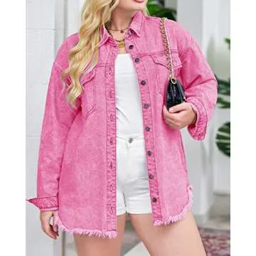 Vetinee Women's Pink Ladies Jacket Oversized Boyfriend Magenta Pink Front Button Up Frayed Raw Hem Long Sleeve Pockets Denim Jean Jacket Shacket Large Size 12 Size 14