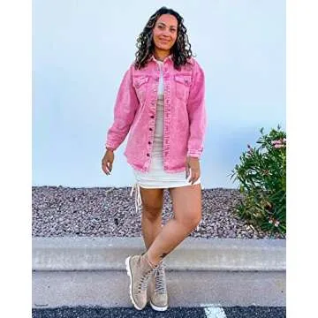 Vetinee Women's Pink Ladies Jacket Oversized Boyfriend Magenta Pink Front Button Up Frayed Raw Hem Long Sleeve Pockets Denim Jean Jacket Shacket Large Size 12 Size 14