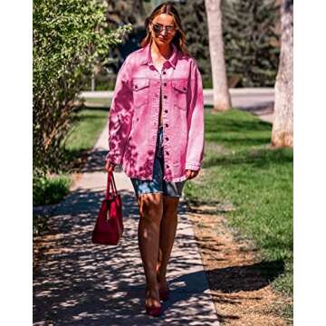 Vetinee Women's Pink Ladies Jacket Oversized Boyfriend Magenta Pink Front Button Up Frayed Raw Hem Long Sleeve Pockets Denim Jean Jacket Shacket Large Size 12 Size 14